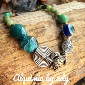 Alquimia Teal and Silver Turtle Necklace with green jade
